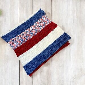 Vintage Afghan Patriotic Crochet Blanket Handmade Red White Blue USA 64" x 72"
